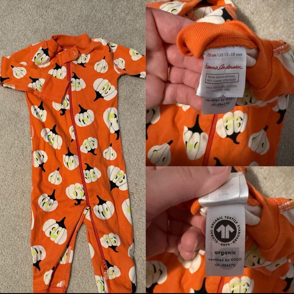 Hanna Andersson Baby 2-Way Zip Sleeper, Orange Pumpkin Print. Size 12-18 months.